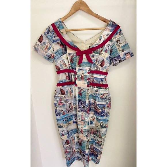 KITTEN D'AMOUR 'By The Seaside' Print Retro Wiggle Dress & Jacket Set Size 10 12 - Picture 5 of 16